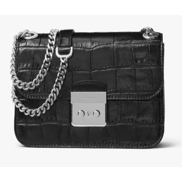 Michael Kors Sloan Editor Black Leather Crocodile Embossed Chain Strap Handbag - Picture 1 of 14